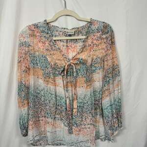 Yarn & Sea Abstract Dotted Print Tie-Front Long Sleeve Blouse Size M